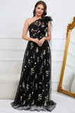 A-Line One Shoulder Black Long Prom Dress With Embroidery