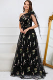 A-Line One Shoulder Black Long Prom Dress With Embroidery