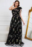 A-Line One Shoulder Black Long Prom Dress With Embroidery