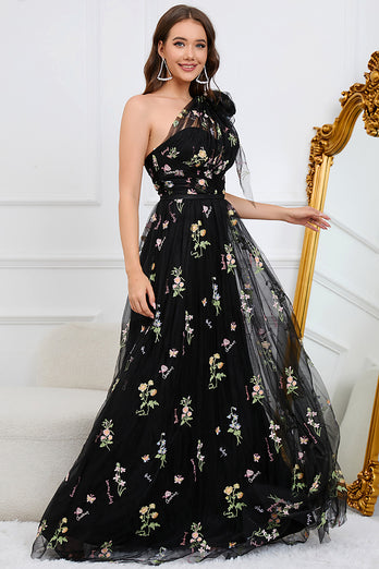 A-Line One Shoulder Black Long Prom Dress With Embroidery