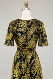 Dark Green A Line Burnout Velvet Long Prom Dress with Short Sleeves