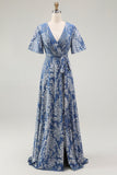 Blue Burnout Velvet A Line Mother of the Bride Dress with Short Sleeves