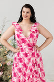 Plus Size High Low Pink Flower Printed Bridesmaid Dress with Ruffles