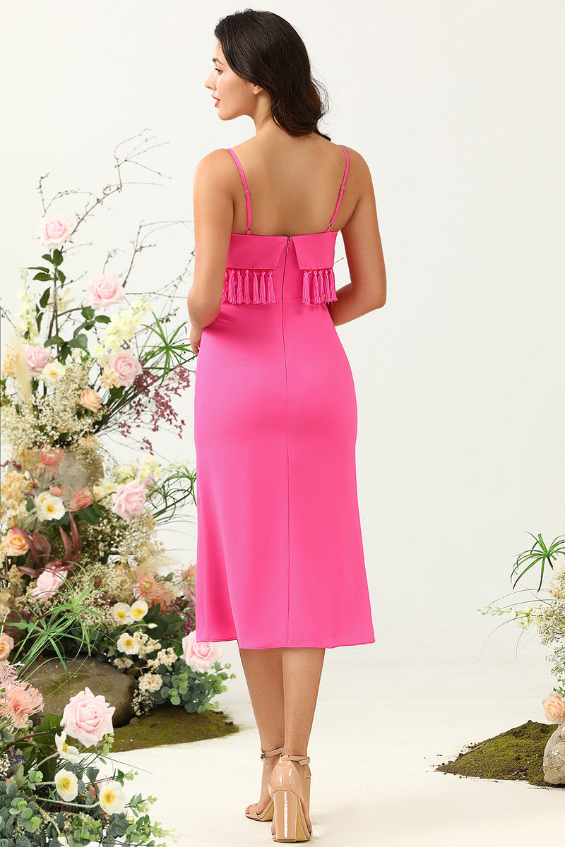 Load image into Gallery viewer, Spaghetti Straps Hot Pink Bridesmaid Dress with Fringes