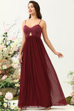 Burgundy Spaghetti Straps Lace Bridesmaid Dress with Hollow-out