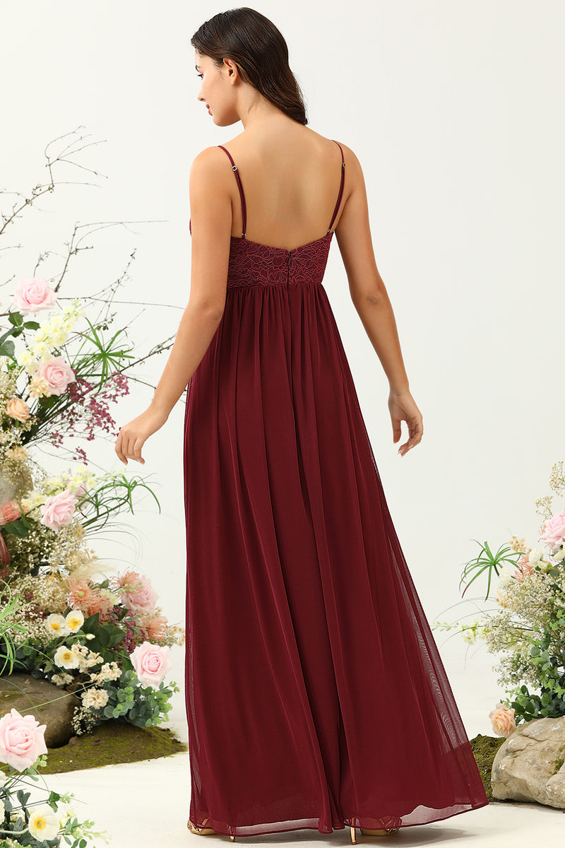 Load image into Gallery viewer, Burgundy Spaghetti Straps Lace Bridesmaid Dress with Hollow-out