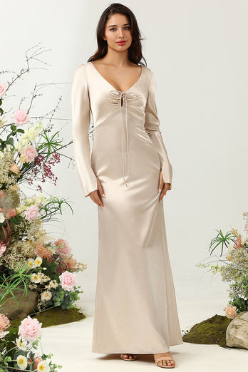 V-Neck Champagne Long Bridesmaid Dress with Sleeves