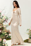 V-Neck Champagne Long Bridesmaid Dress with Sleeves