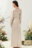 V-Neck Champagne Long Bridesmaid Dress with Sleeves