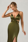 Olive Sheath Spaghetti Straps Cut Out Long Bridesmaid Dress with Slit