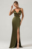 Load image into Gallery viewer, Olive Sheath Spaghetti Straps Cut Out Long Bridesmaid Dress with Slit