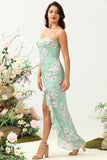 Sheath Spaghetti Straps Light Green Floral Printed Bridesmaid Dress with Split Front