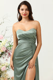 Strapless Eucalyptus Long Bridesmaid Dress with Slit