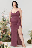 Sheath Spaghetti Straps Desert Rose Long Plus Size Formal Dress with Split Front