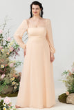 Square Neck Peach Long Bridesmaid Dress with Sleeves