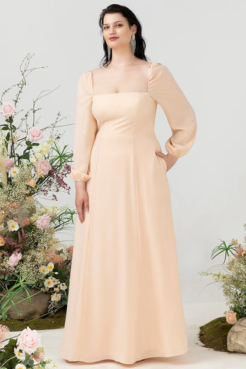 Square Neck Peach Long Bridesmaid Dress with Sleeves