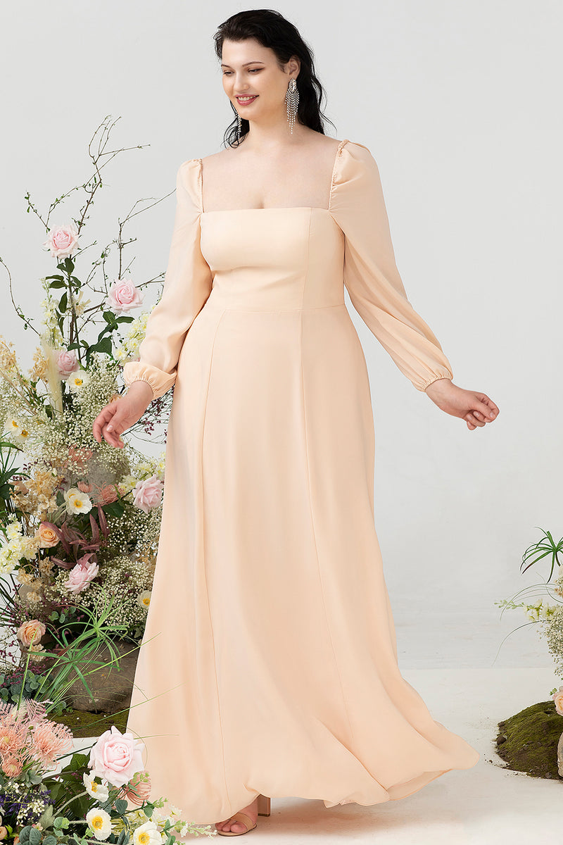 Load image into Gallery viewer, Square Neck Peach Long Bridesmaid Dress with Sleeves