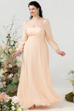 Square Neck Peach Long Bridesmaid Dress with Sleeves