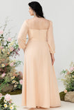 Square Neck Peach Long Bridesmaid Dress with Sleeves