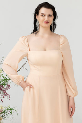 Square Neck Peach Long Bridesmaid Dress with Sleeves
