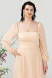 Square Neck Peach Long Bridesmaid Dress with Sleeves