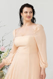 Square Neck Peach Long Bridesmaid Dress with Sleeves