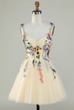 A Line Spaghetti Straps Champagne Short Graduation Dress with Appliques