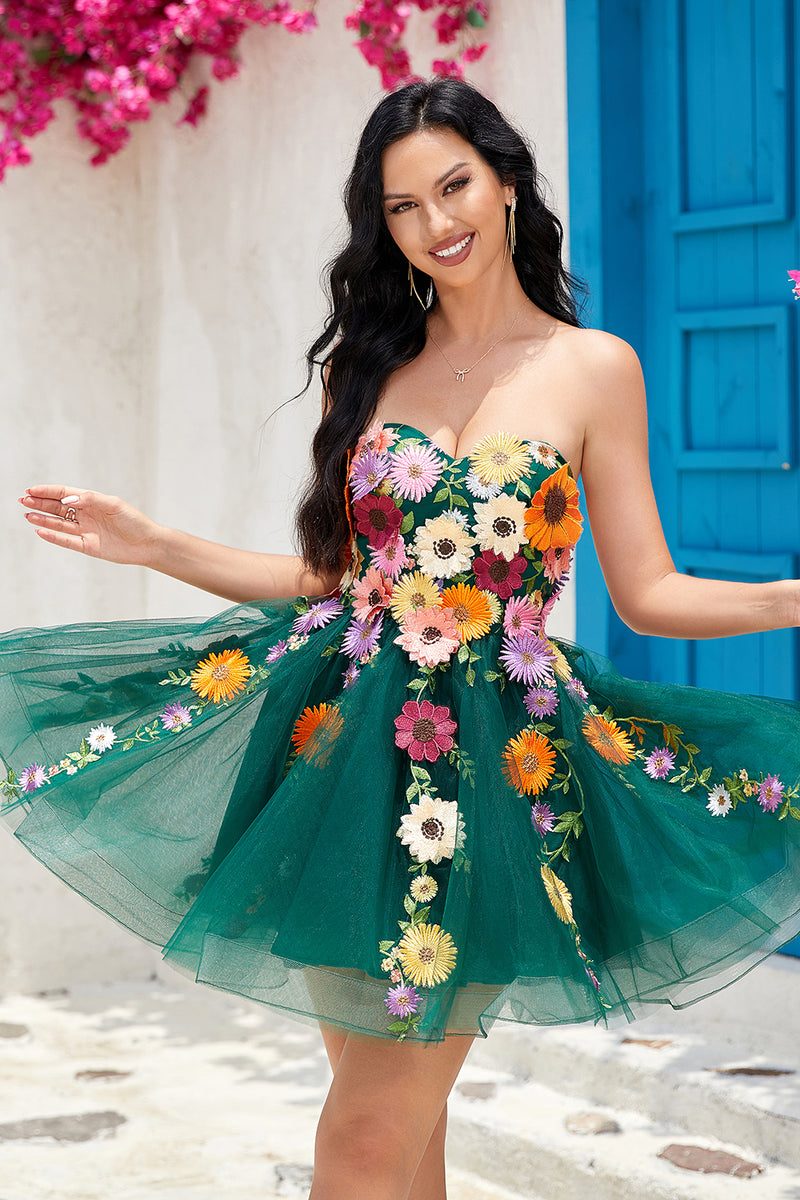 Load image into Gallery viewer, Champagne Strapless Graduation Dress with 3D Flowers