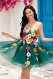 Champagne Strapless Graduation Dress with 3D Flowers