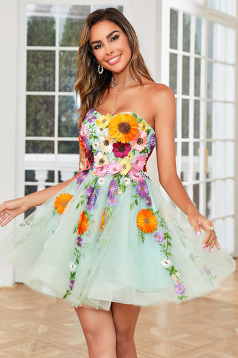 Champagne Strapless Graduation Dress with 3D Flowers