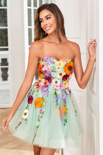 Champagne Strapless Graduation Dress with 3D Flowers