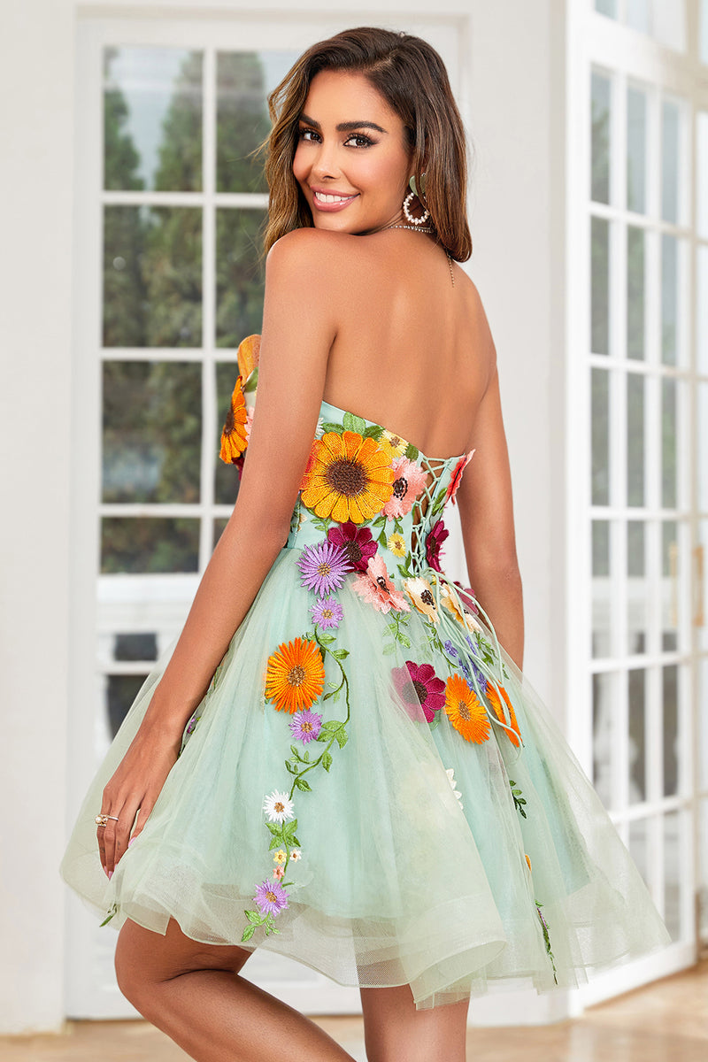 Load image into Gallery viewer, Champagne Strapless Graduation Dress with 3D Flowers