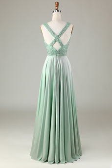 Sparkly V-Neck Matcha Bridesmaid Dress with Sequins