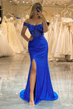 Beaded Royal Blue Corset Prom Dress with Slit