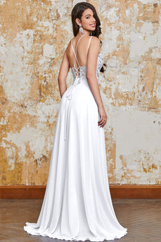 A-Line White Long Prom Dress with Slit