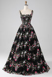 Charming A Line Square Neck Black Corset Prom Dress with Appliques