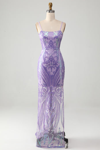 Trendy Sheath Spaghetti Straps Light Purple Long Prom Dress with Backless