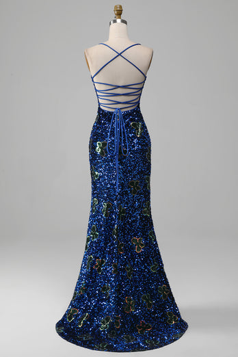 Sparkly Mermaid Spaghetti Straps Royal Blue Sequins Long Prom Dress with Criss Cross Back