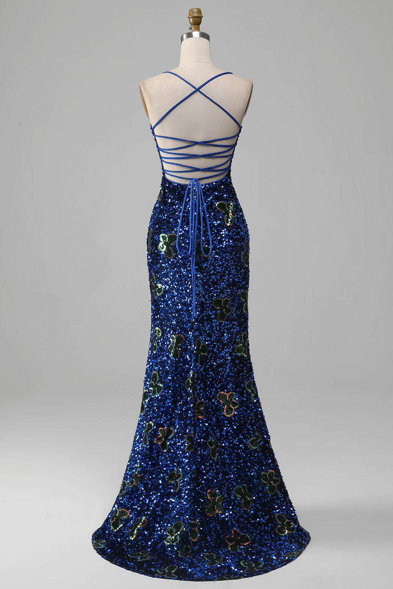 Load image into Gallery viewer, Sparkly Mermaid Spaghetti Straps Royal Blue Sequins Long Prom Dress with Criss Cross Back