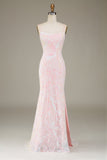 Trendy Sheath Spaghetti Straps Pink Long Prom Dress with Split Front