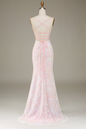 Trendy Sheath Spaghetti Straps Pink Long Prom Dress with Split Front