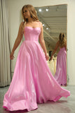 A-Line Spaghetti Straps Pink Corset Prom Dress