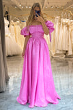 Puff Sleeves Hot Pink Prom Dress with Ruffles