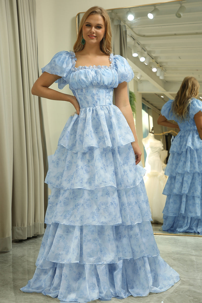 Load image into Gallery viewer, Organza Light Blue Tiered Prom Dress with Corset