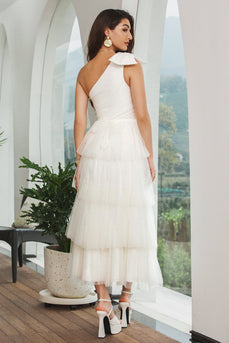 White One Shoulder Tiered Long Engagement Party Dress