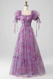 Purple A Line Print Lace-Up Long Prom Dress With Puff Sleeves