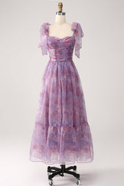 Purple Printed A Line Pleated Long Prom Dress