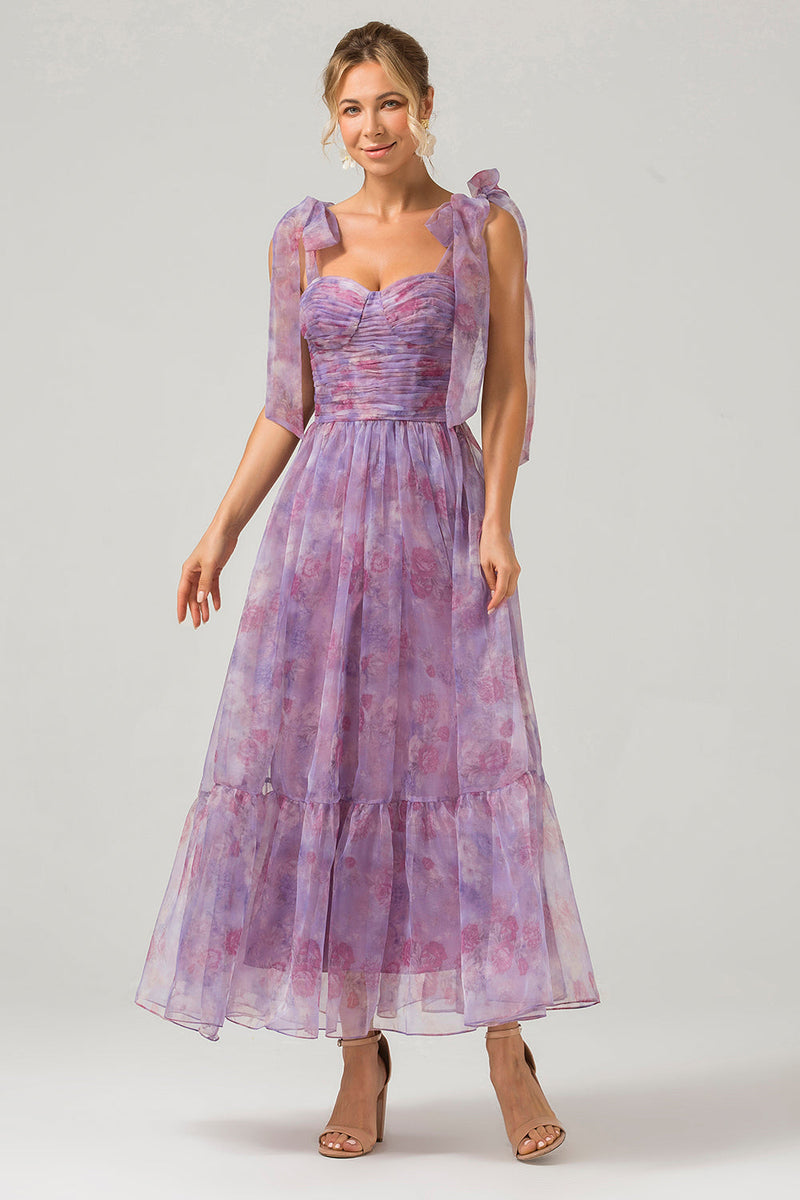 Load image into Gallery viewer, Purple A Line Pleated Printed Tea-Length Prom Dress
