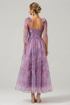 Purple A Line Pleated Printed Tea-Length Prom Dress