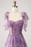 Purple Printed A Line Pleated Long Prom Dress